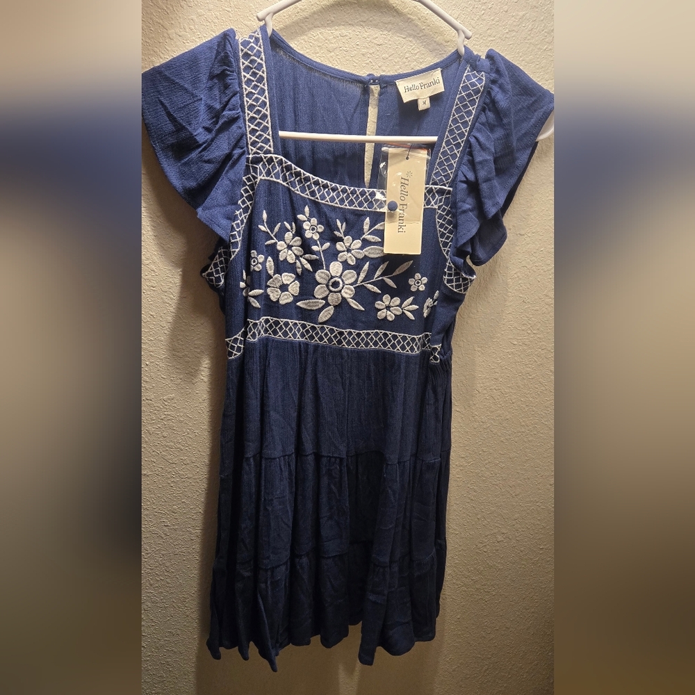Hello Frankie Navy Blue Embroidered Kids Dress Size Medium